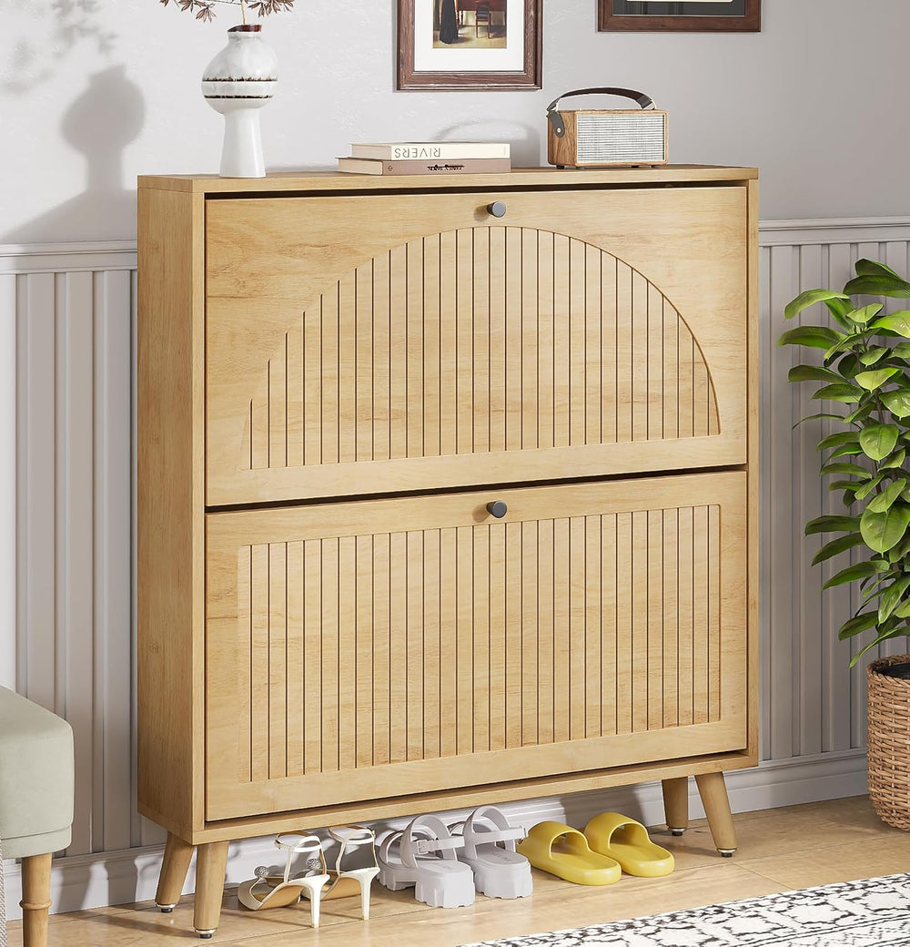 Fsbecl Shoe Storage Cabinet for Entryway with 2 Fluted Flip Drawers, Oak