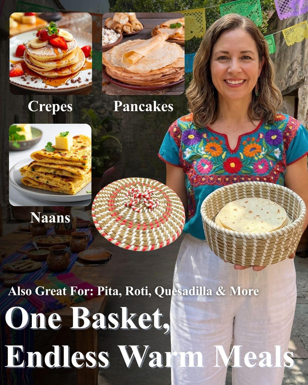 Handwoven Seagrass Tortilla Warmer Basket with Lid, 9.6" Breathable Natu...