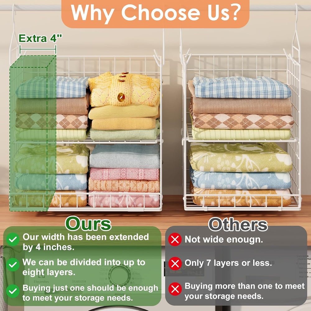 Extended Width Hanging Closet Organizer, 8 Tier Wire Storage Shelves