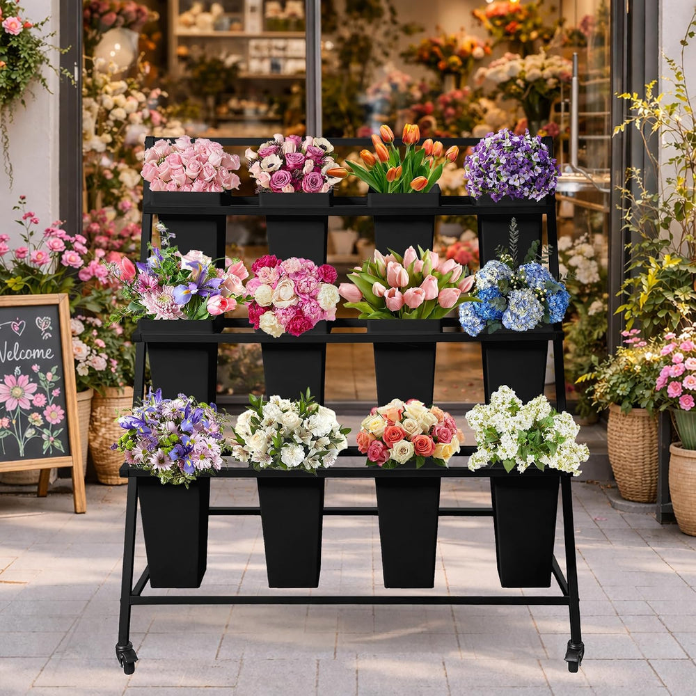 PROLEE Flower Display Stand, 3-Tier Flower Cart with 12 Rectangular Buckets, ...