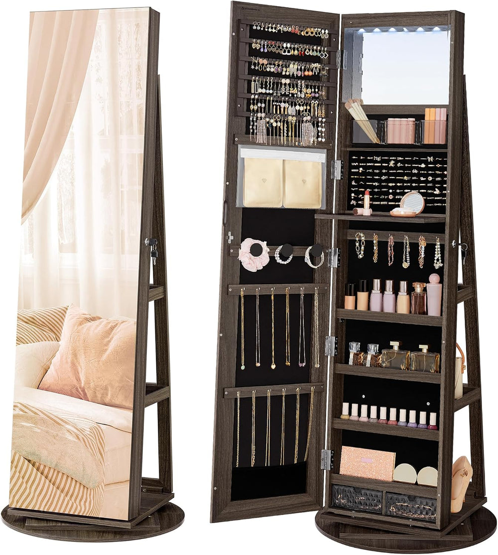 SONGMICS 6 LEDs Mirror Jewelry Cabinet Organizer, 360° Swivel, Lockable