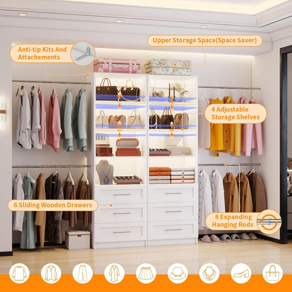 Closet System with 6 Drawers, 3.4FT-15FT Closet Organizer System with 8 Expan...