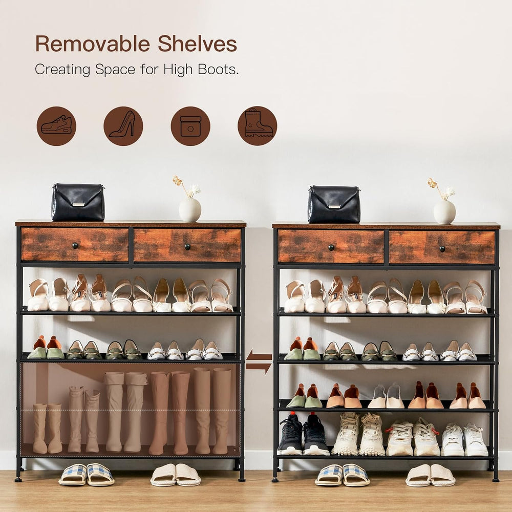 usikey Shoe Rack, 5 Tier Shoe Storage Organizer with 2 Drawers, Metal Shoe Sh...