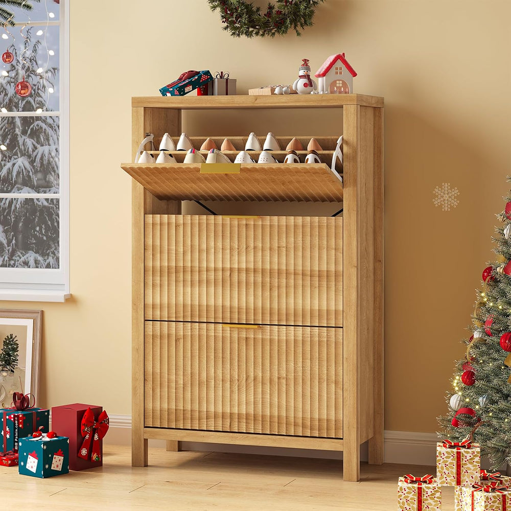 32" Fluted Shoe Cabinet Storage with 3 Flip Drawers for Entryway, Hallway