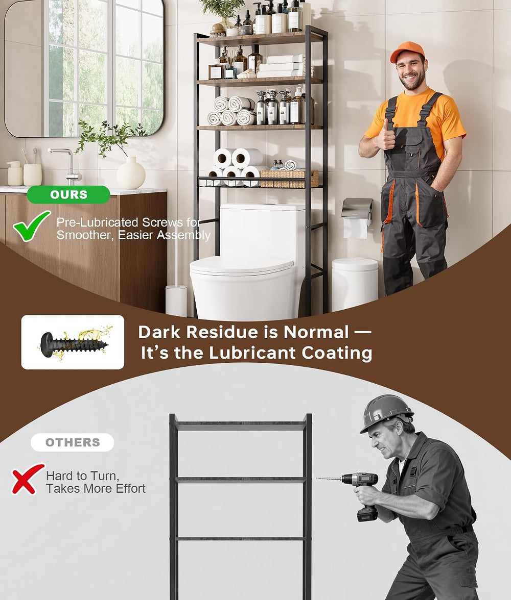 4-Tier Over-the-Toilet Storage Rack with One-Piece Wooden Shelves & Open ...