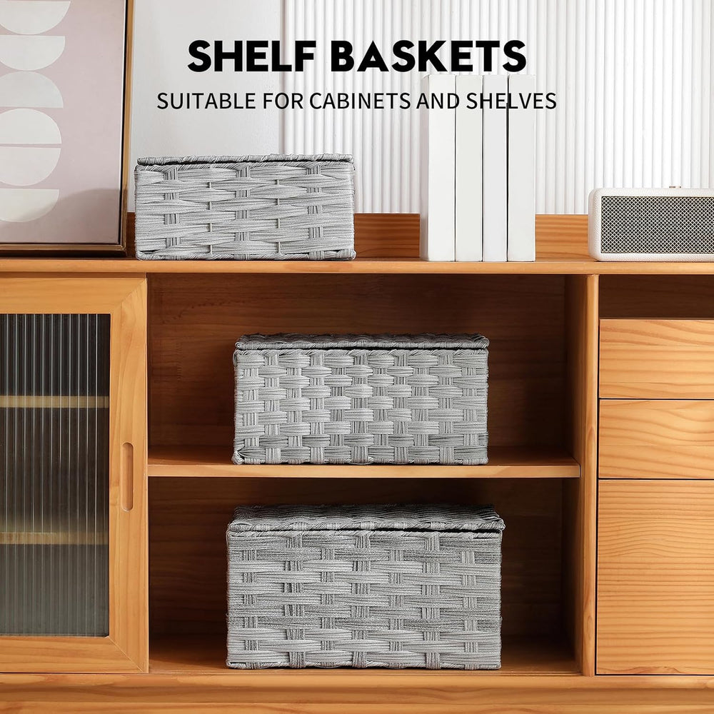 YMhoart Woven Storage Bins With Lids Shelf Baskets Wicker Organizing Rattan B...