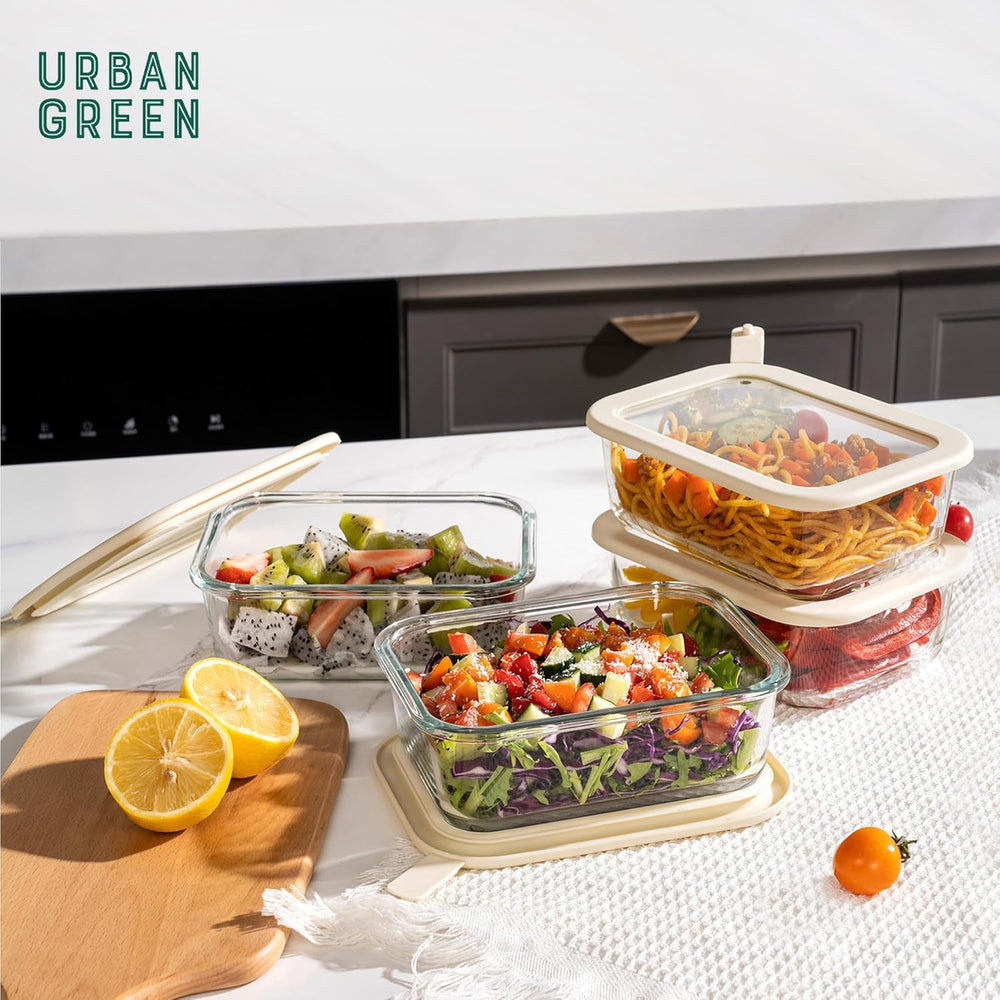 Urban Green Glass Food Storage Containers with Glass Lids, Microwave Safe Foo...