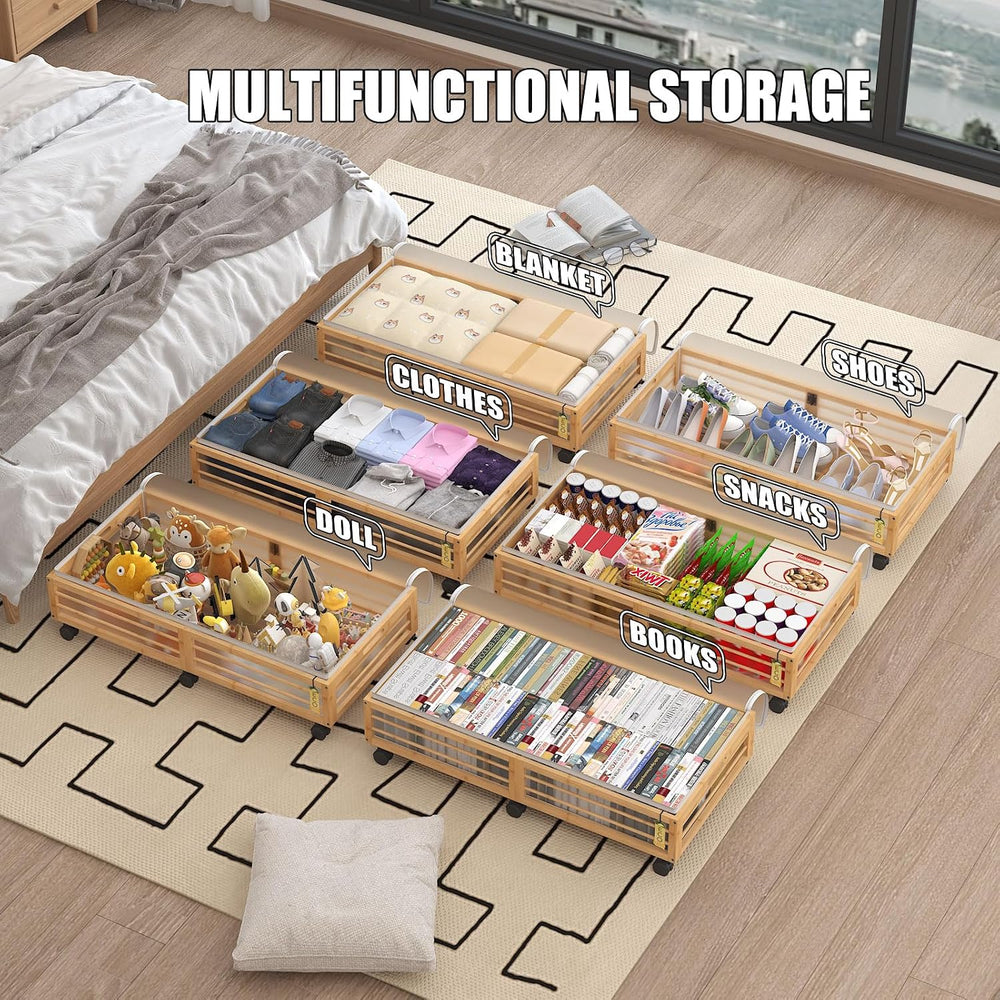 Underbed Storage with Wheels, 2 Pack Bamboo Containers for Shoes & Clothes