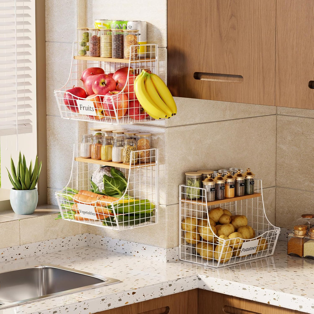 3 Pack Hanging Fruit Basket for Kitchen with Wood Lid - Onion and Potato Stor...
