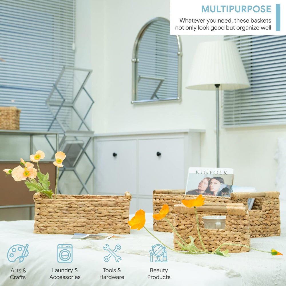 VATIMA Hyacinth Wicker Basket Set 3 size - Rectangular, Wooden Handles, Shelf...