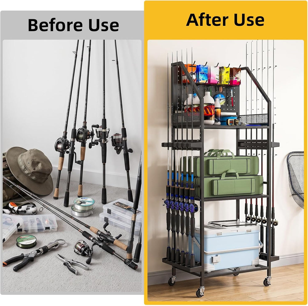 Fishing Rod Holder with Wheels for Garage, 12-Rod Fishing Pole Holders
