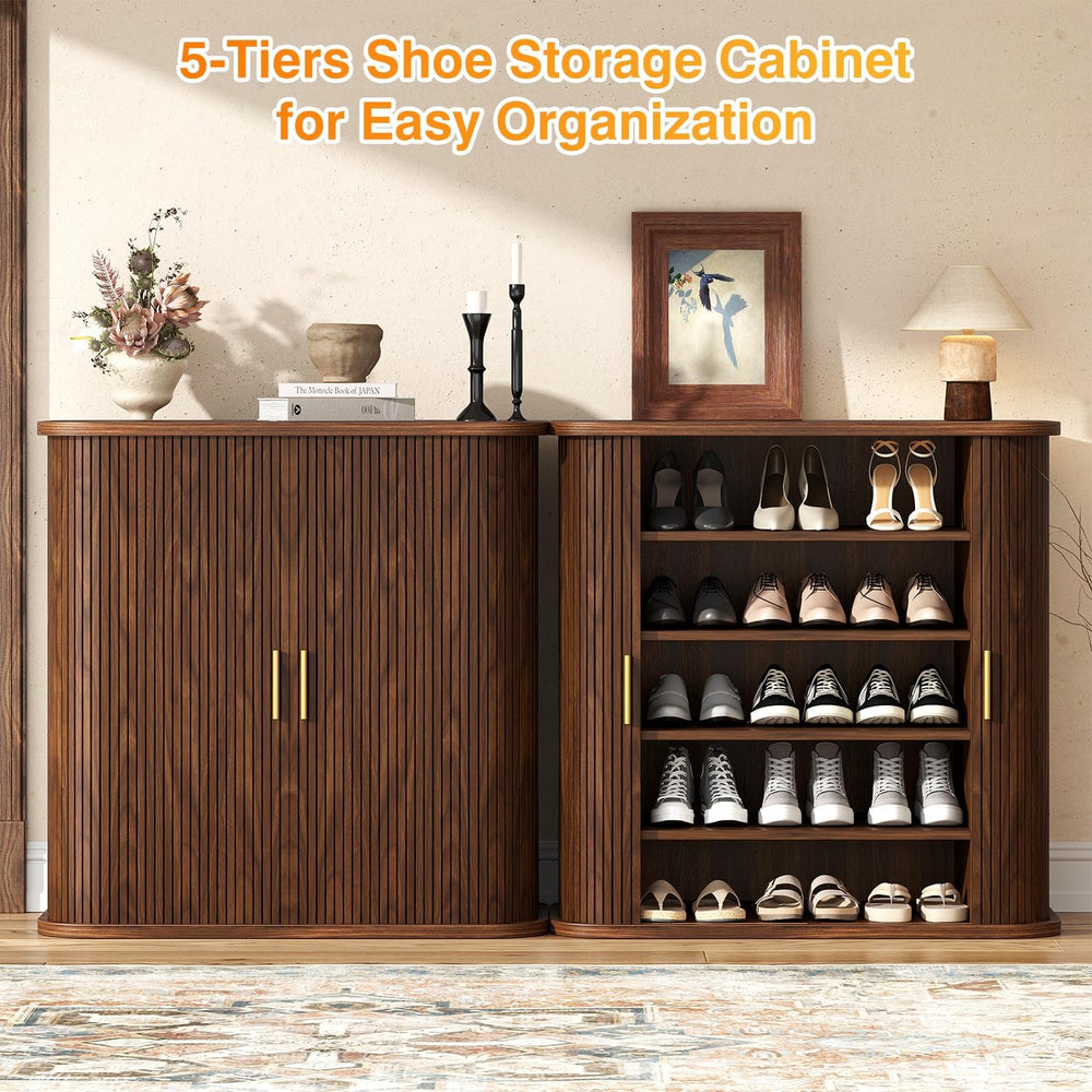 UNIQUITE 5-Tier Sliding Door Shoe Cabinet, Adjustable Shelves Wooden Shoe Sto...