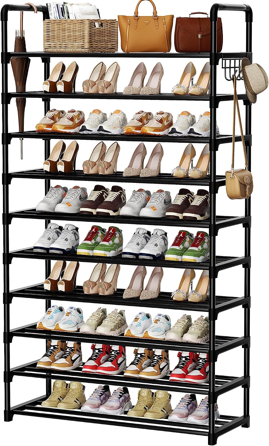 Shoe Rack, 10 Tier Shoe Storage Organizer with Hooks,Fit 40-45 Pairs Shoes,Me...