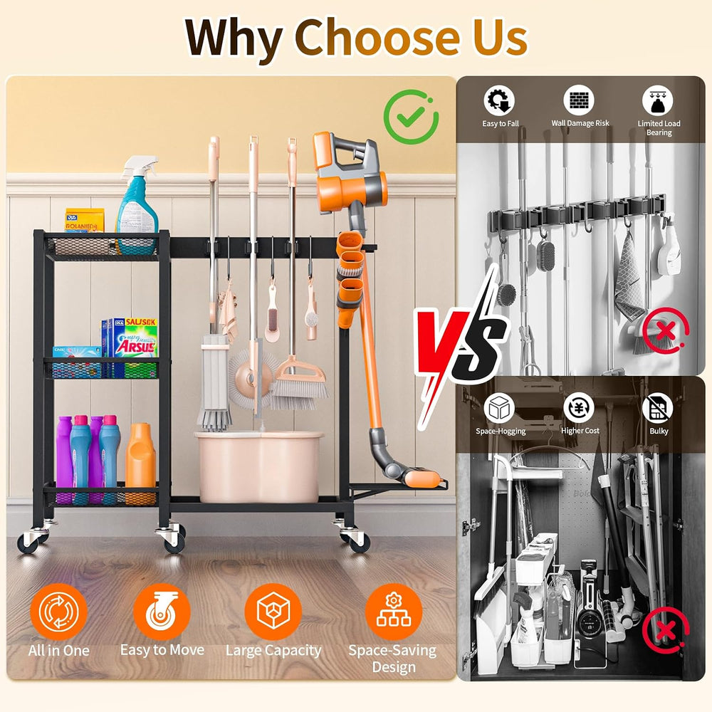 Broom Holder with Cleaning Supplies Organizer, 30.7"Wx11.8"Dx34.6&q...