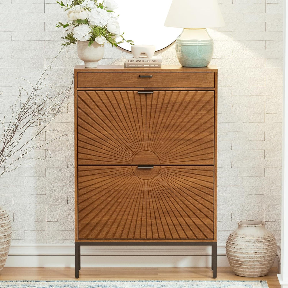Yechen Shoe Cabinet with Sun Pattern Doors, Modern 2 Flip Drawer Entryway Sho...
