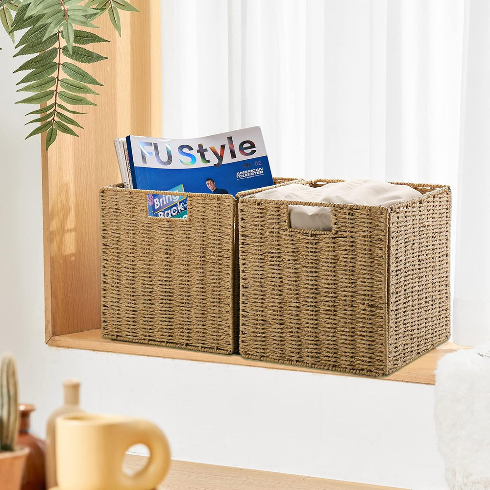 Vagusicc Wicker Baskets, Set of 2 Hand-Woven Storage Baskets for Shelves with...