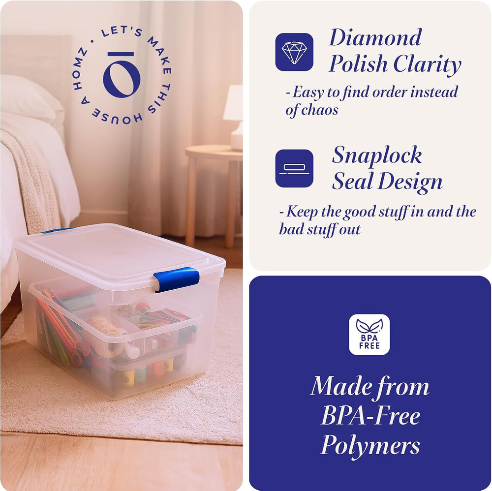 HOMZ Secure Latch, Clear Plastic Storage Organizer Bins, 66 Quart, 4 Pack