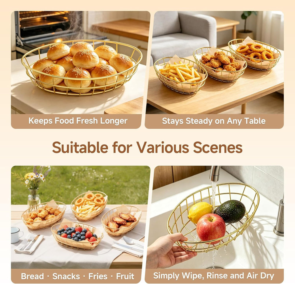 24 Pack Gold Metal Wire Bread Baskets with 50 Oil-Proof Liners, 9.5 x 6.2IN