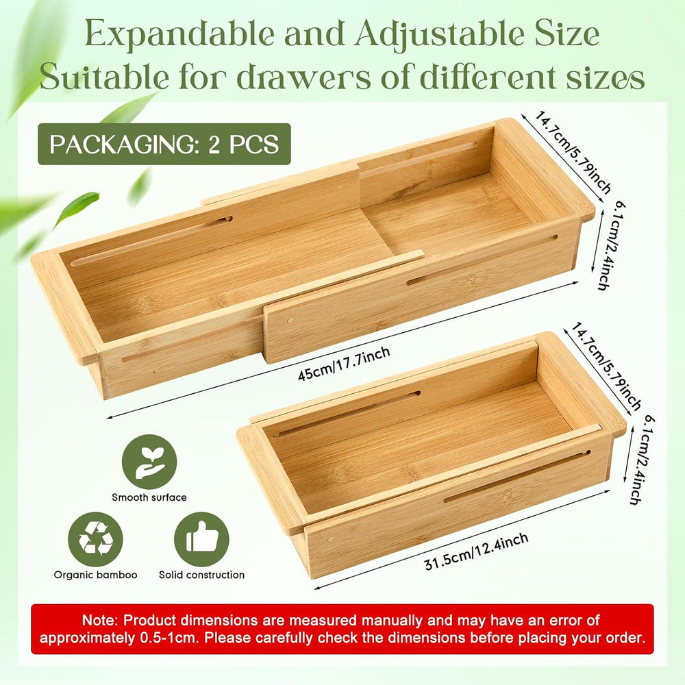 LemonRoad 2 Pcs Sliding Drawer Organizer 12.4-17.7 Inch Bin Bamboo Drawer Exp...
