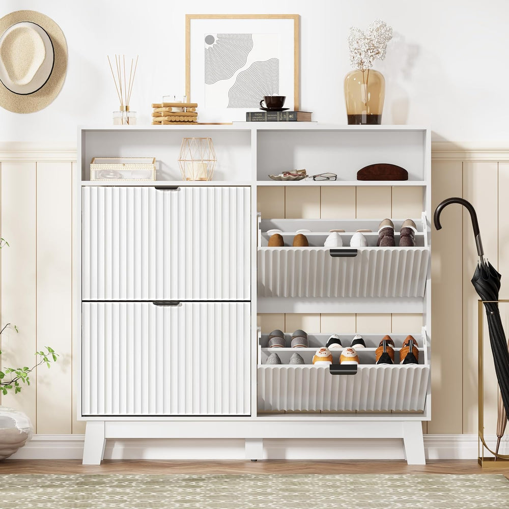 Shoe Cabinet Storage for Entryway with 4 Flip Drawers, Fluted Narrow Shoe Org...