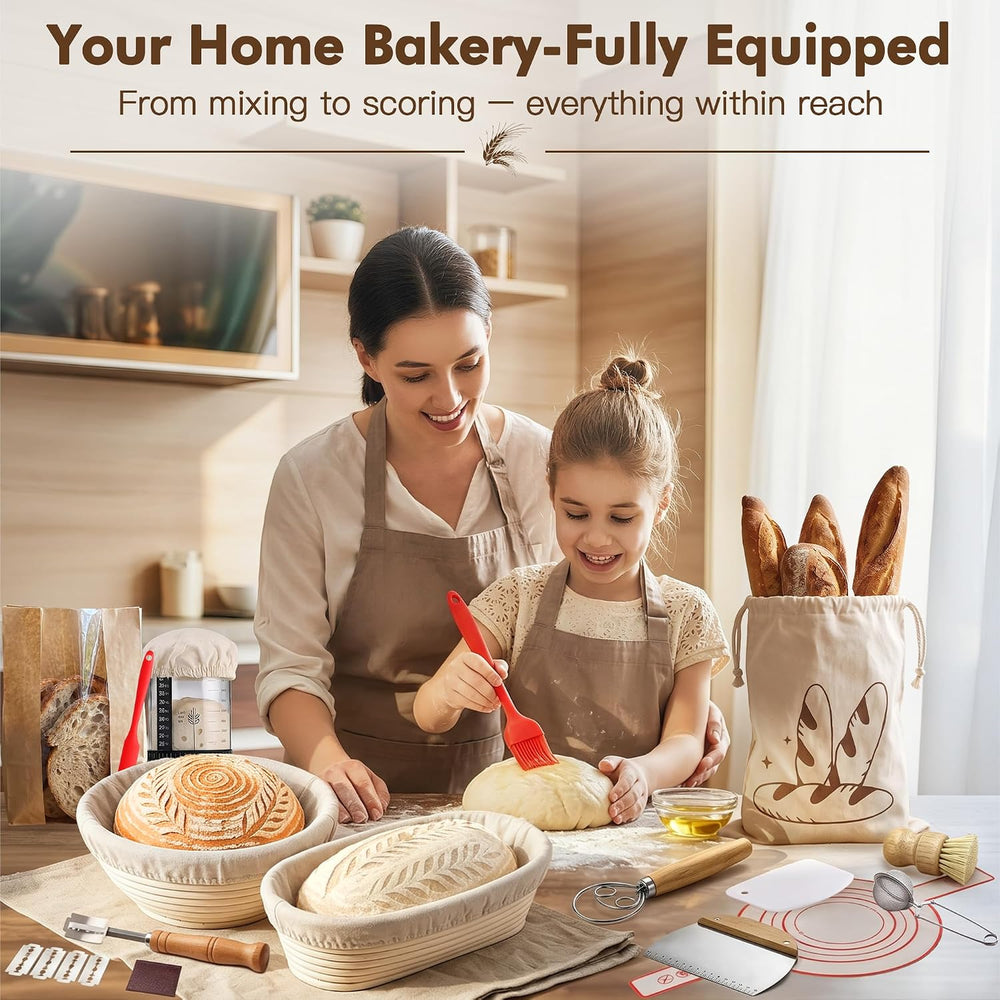 Sourdough Starter Kit with Rattan Banneton Baskets, Jars, Baking Tools