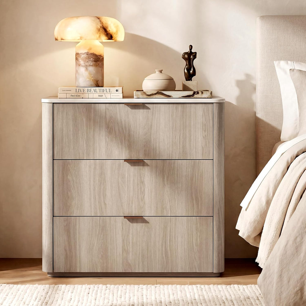 ModernMate 3 Drawer Dresser with Curved Profile & Faux Travertine Texture...