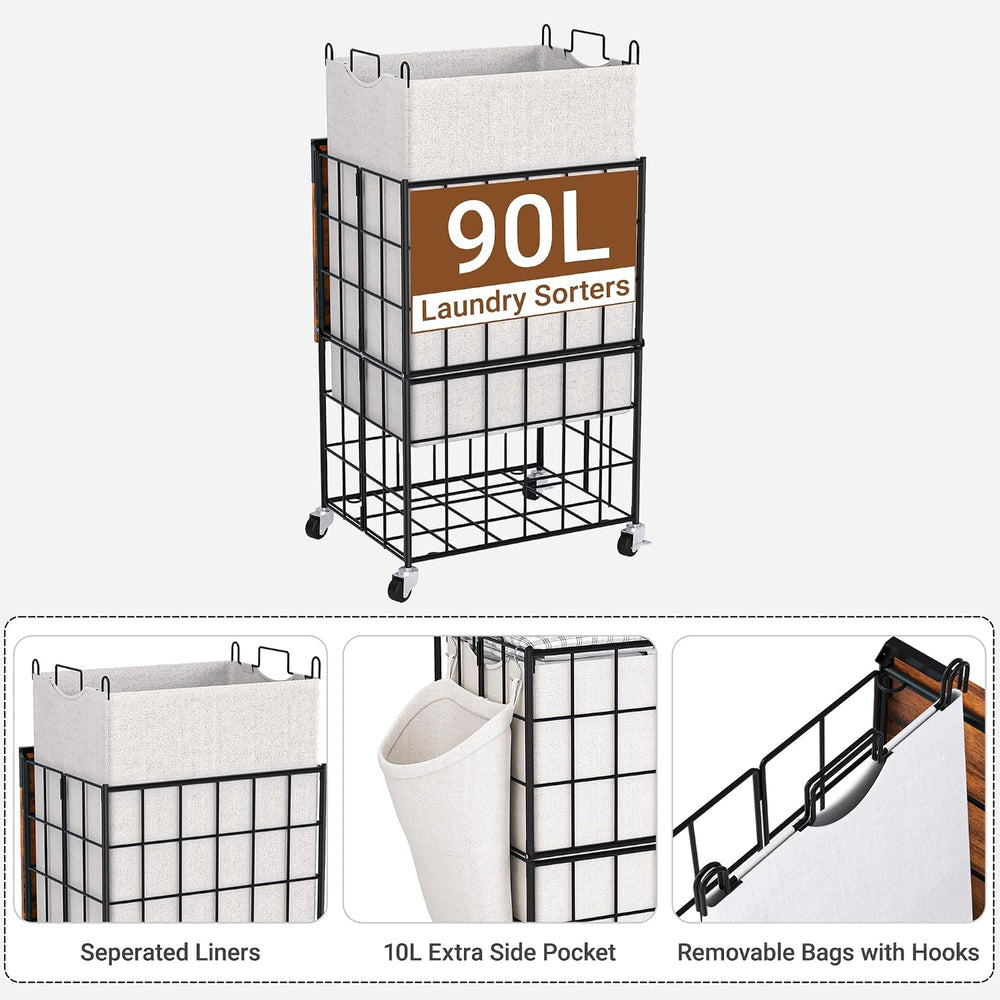 90L Laundry Basket with Wheels, Large Capacity Laundry Hamper with Removable ...