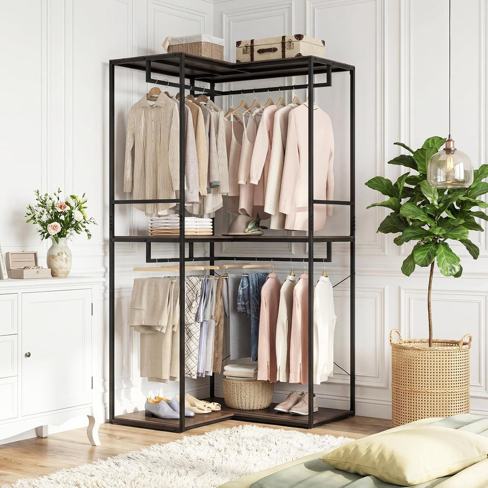 GIANTEX Heavy Duty Clothes Rack, 3-Tier L-Shaped Garment Rack w/3 Open Shelve...
