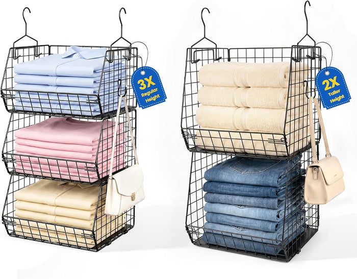 5 Tier Metal Hanging Closet Organizer with 2 Extra Tall Storage Baskets & 3 Standard Wire Baskets, Heavy Duty Foldable Closet Organizer with Snag‑Free Liners for Clothes, Jeans, Handbags, Hats