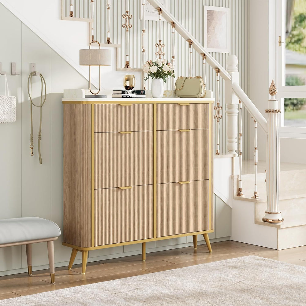 Fluted Shoe Storage Cabinet with 4 Flip Drawers & 2 Drawers, Freestanding...