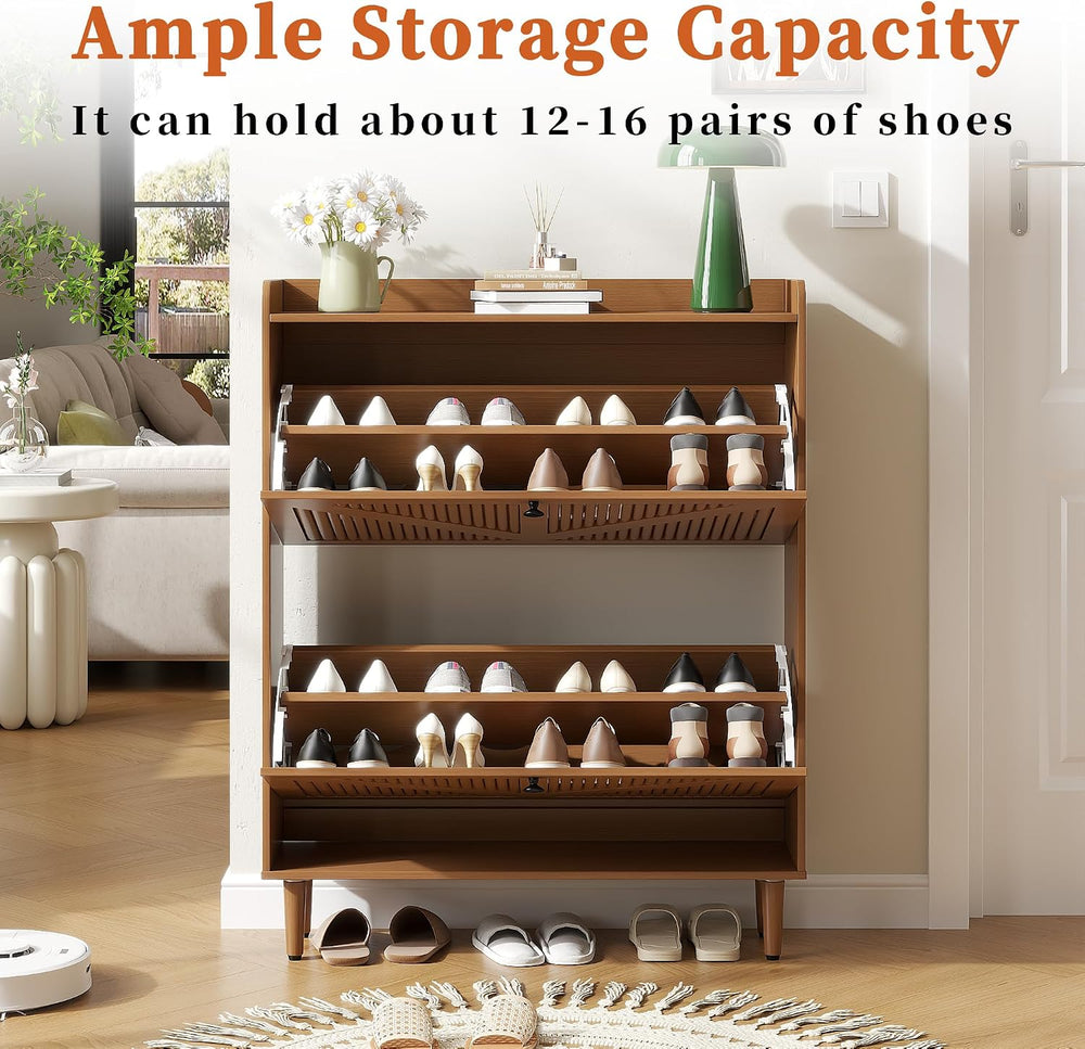 Narrow Shoe Storage Cabinet with 2 Flip Drawers for Entryway (Walnut)
