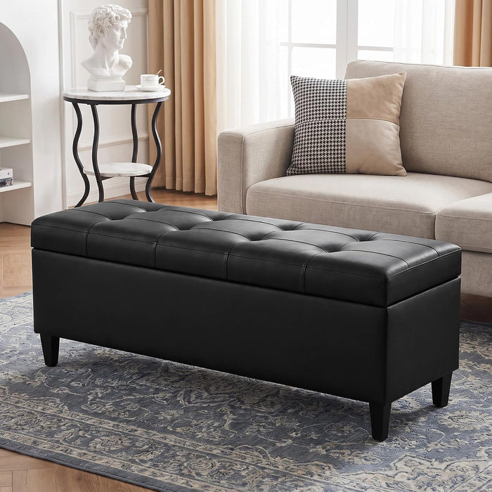 50.5 Inch Storage Ottoman Bench, Faux Leather Tufted Upholstered Bedroom Bench with Safety Hinges, Supports 300 lbs, Large Storage Bench for Living Room, Entryway (Black)