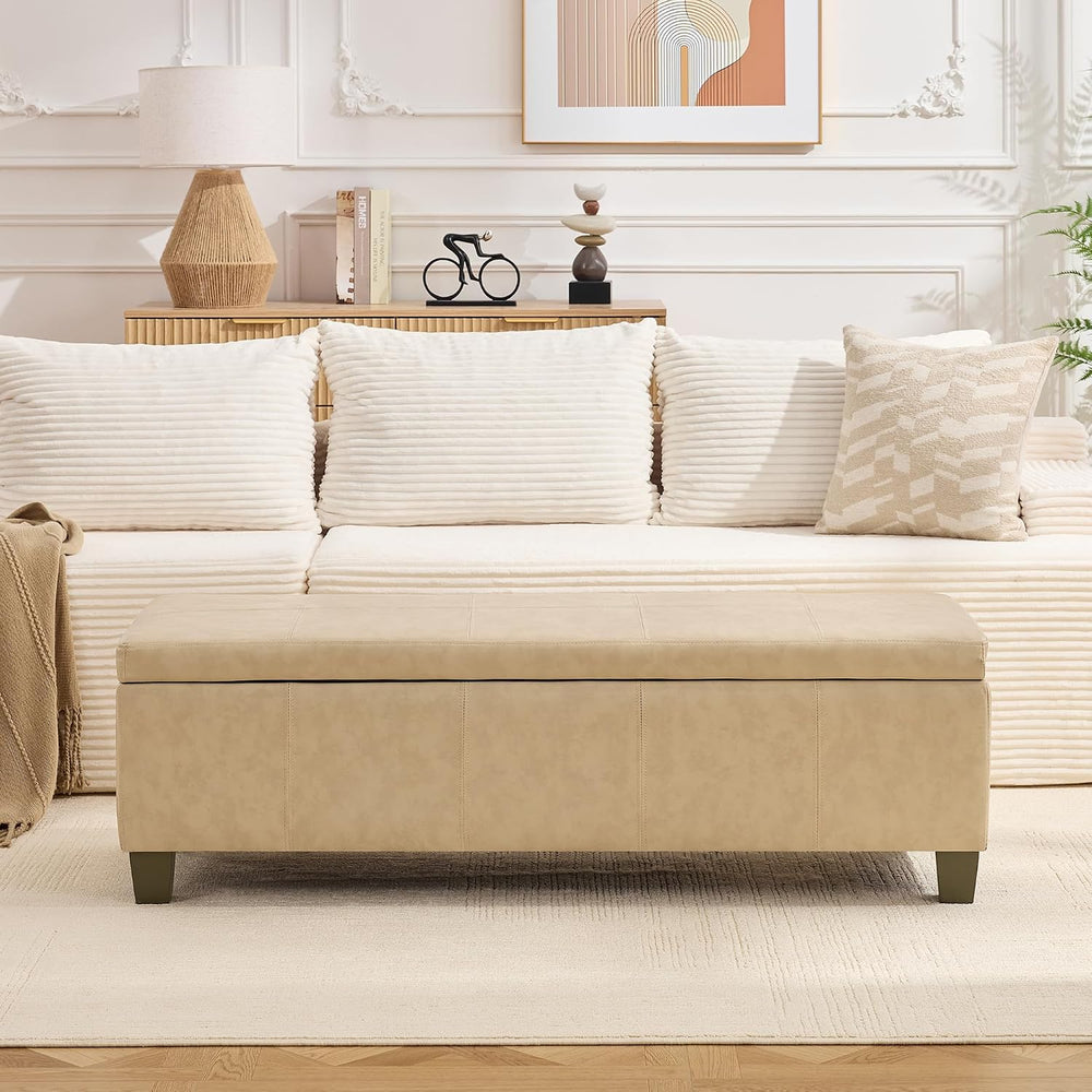 51 Inch Storage Ottoman, Storage Bench with Safety Hinge, Upholstered Synthet...