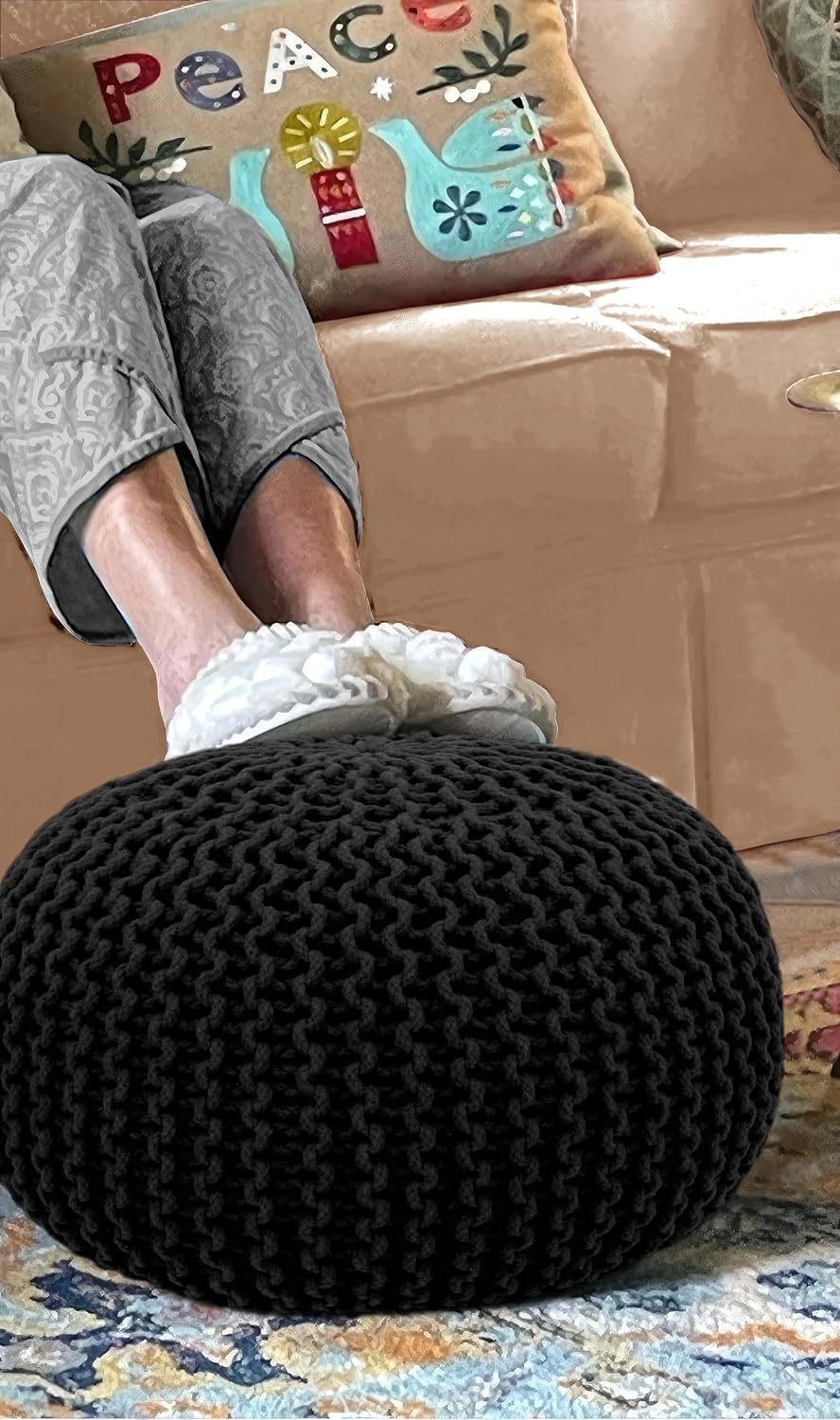 COTTON CRAFT Round Black Pouf -Hand Knitted Cotton Braid Cord Dori Ottoman