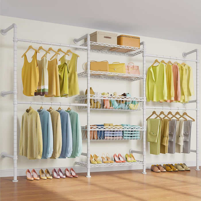 Timate X3i Garment Rack for Hanging Clothes Load 980lbs, Expandable Wall Mounted Closet System with Baskets Industrial Pipe Heavy Duty Clothes Rack Walk in Closet, Adjustable from 5'10" to 8'3", White