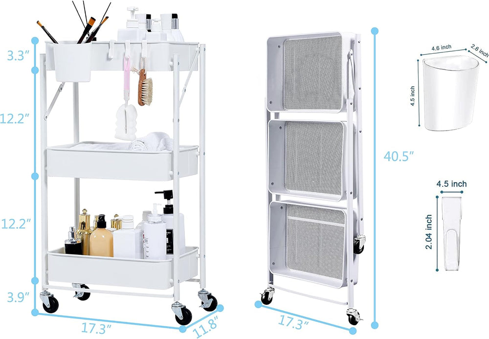 Foldable Rolling Cart 3-Tier Small Foldable Utility Storage Cart Multifunctio...