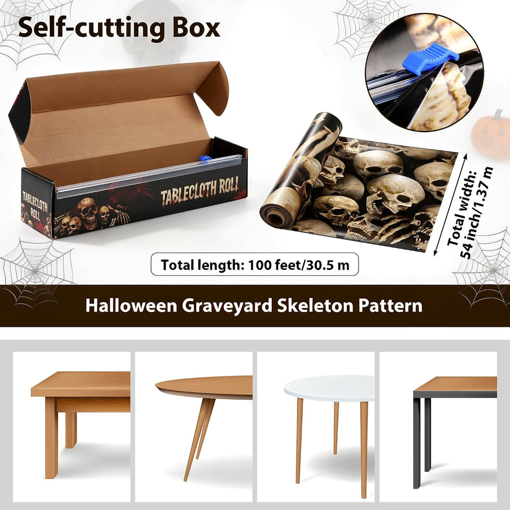Kochorie 100 Ft x 54 Inch Halloween Graveyard Skeleton Tablecloth Roll with C...