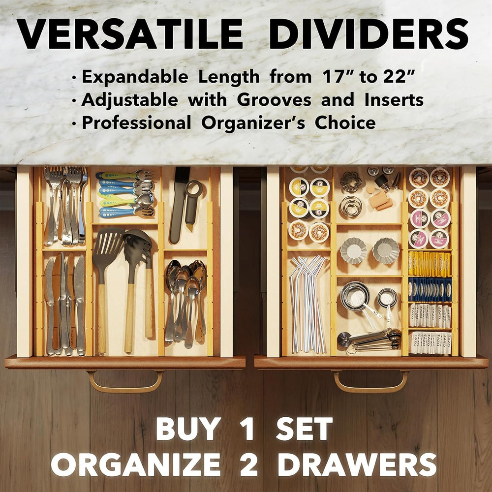 SpaceAid Bamboo Drawer Dividers with Inserts and Labels, Kitchen Adjustable D...