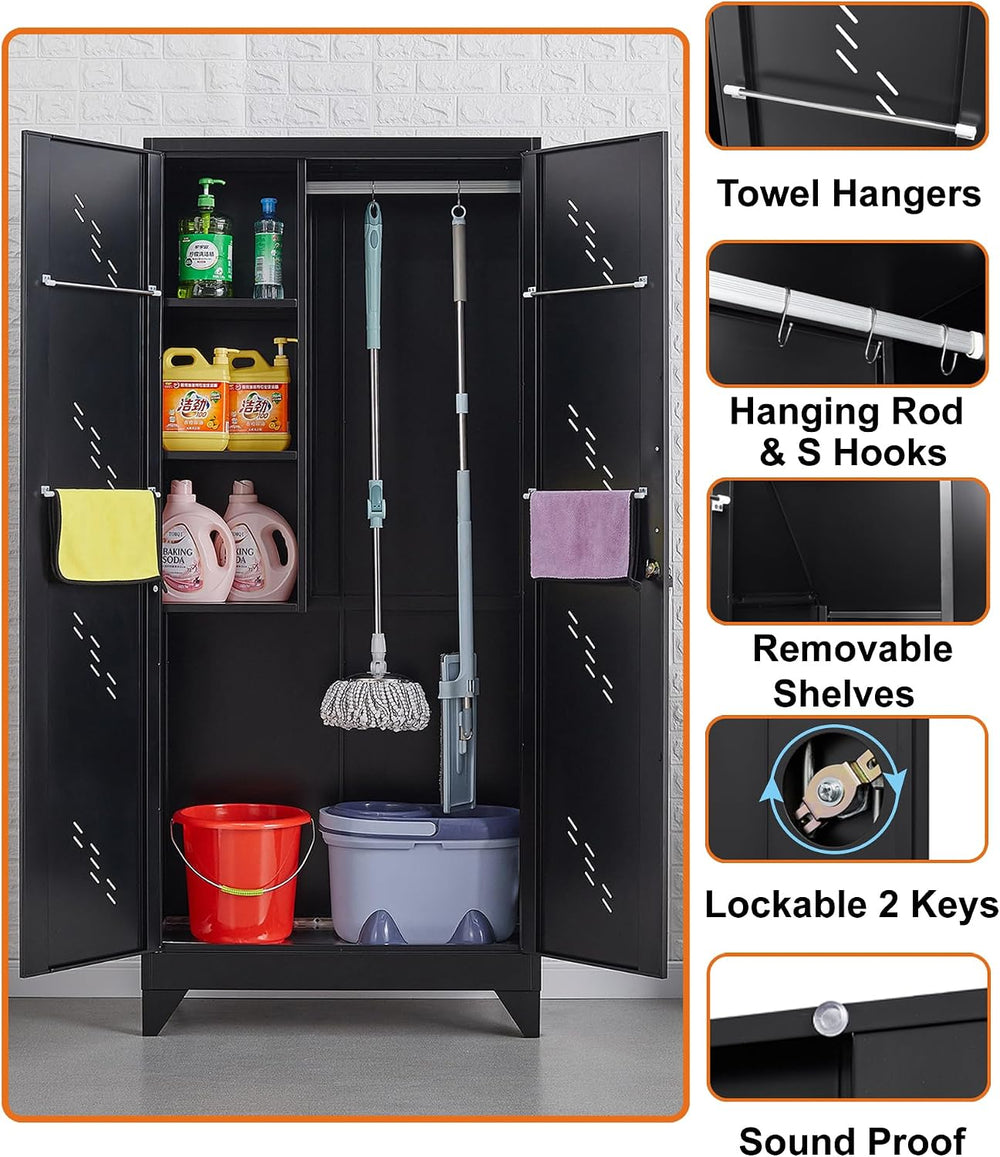 75" Metal Storage Cabinet with Lockable Doors,Utility Closet,Black