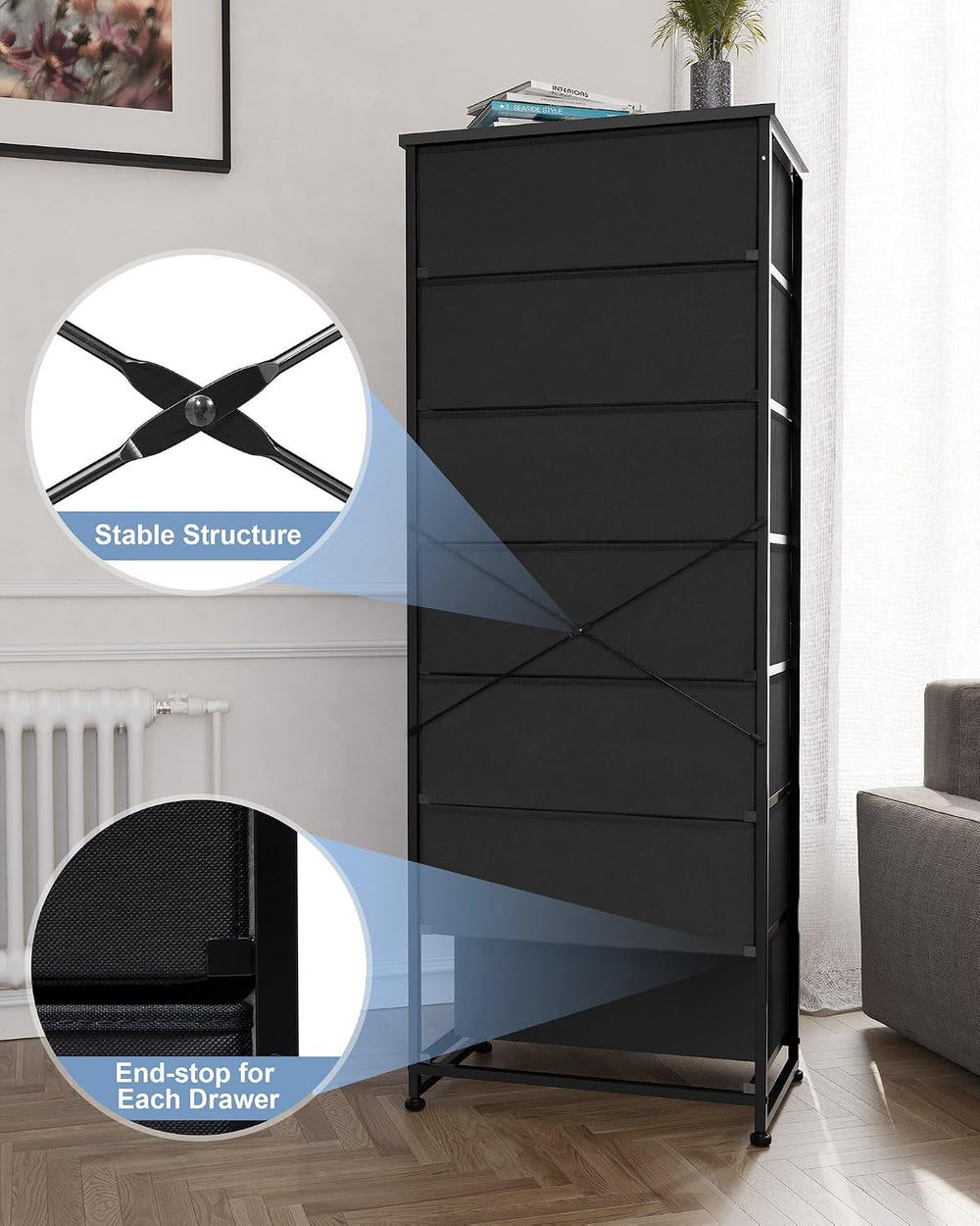 Fabric Dresser for Bedroom, 7-Drawer Tall Vertical Storage Tower (Black)