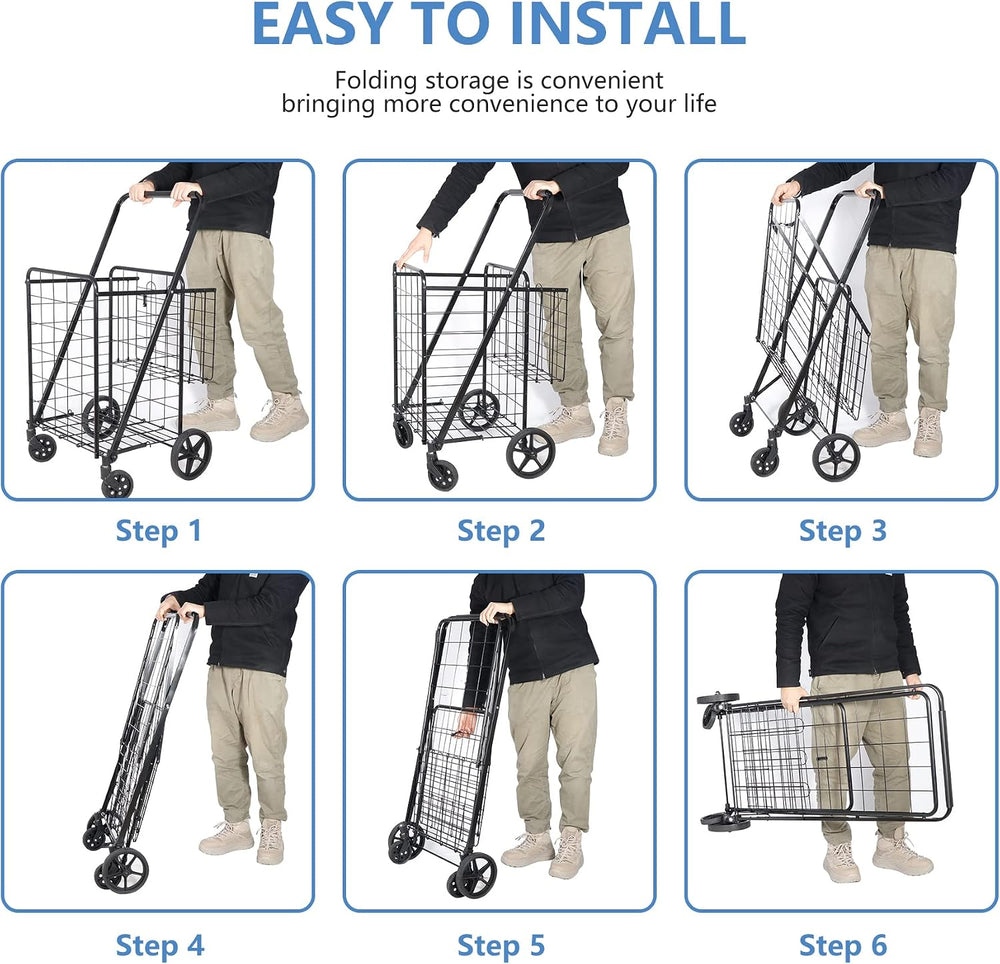 SUPER DEAL Folding Shopping Cart with Wheels and Double Basket for Groceries ...
