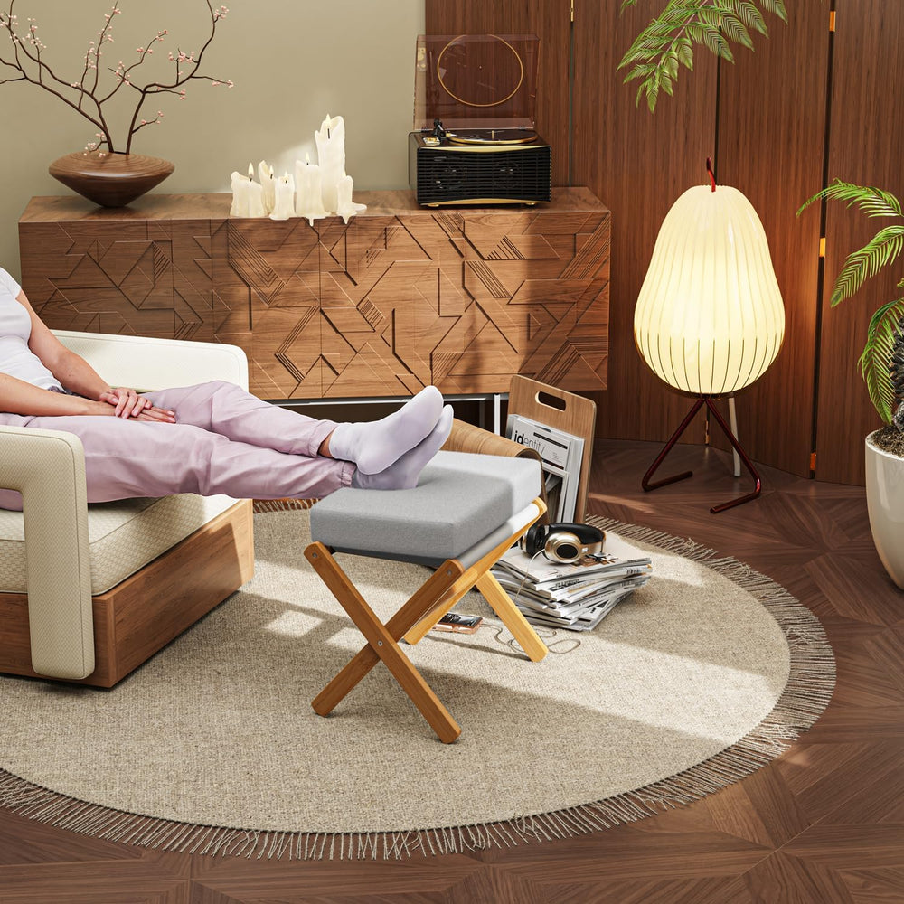 BAMBOOHOMIE Foldable Foot Stool Ottoman, Modern Foot Rest with Bamboo X Legs ...