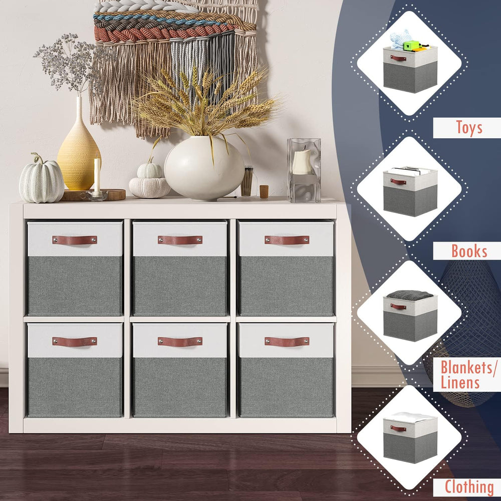 Ornavo Home 11x11 Foldable Fabric Storage Cube Bins, 6 Pack, White/Gray