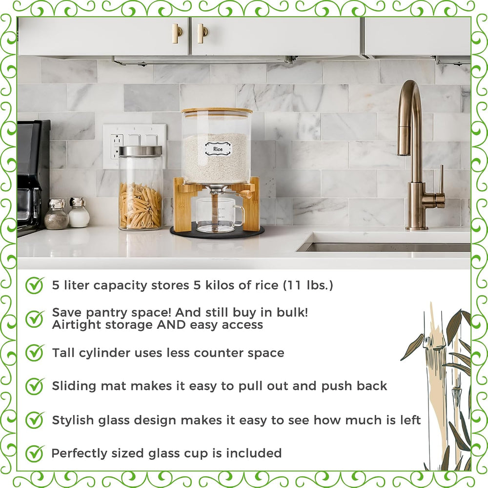 Glass Rice Dispenser 10 lbs, with Airtight Lid & Labels & Slider mat....