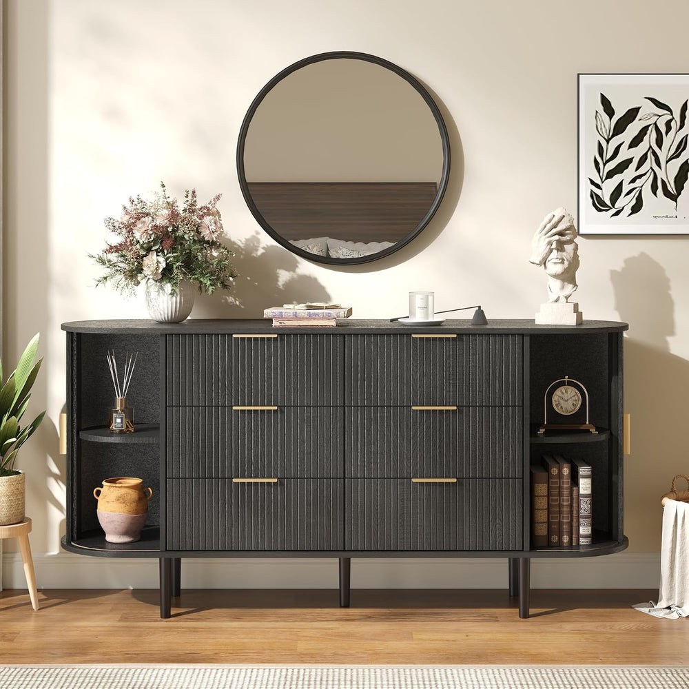 BVIUNTWO Fluted 6 Drawer Dresser, 63" Wide Modern Chest of Drawers with ...