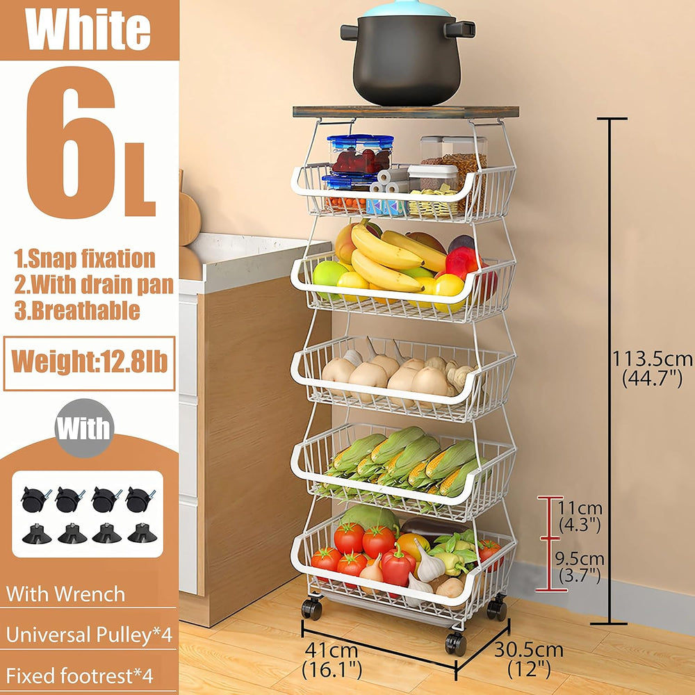 MURRI&MURRDI Fruit Vegetable Storage Basket with Wooden Lid, 6 Tier Stack...