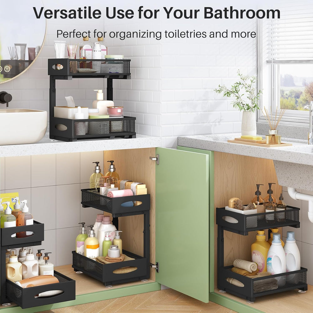 Under Sink Organizer, 2 Pack 2 Tier Pull out Cabinet Organizer Baskets with M...