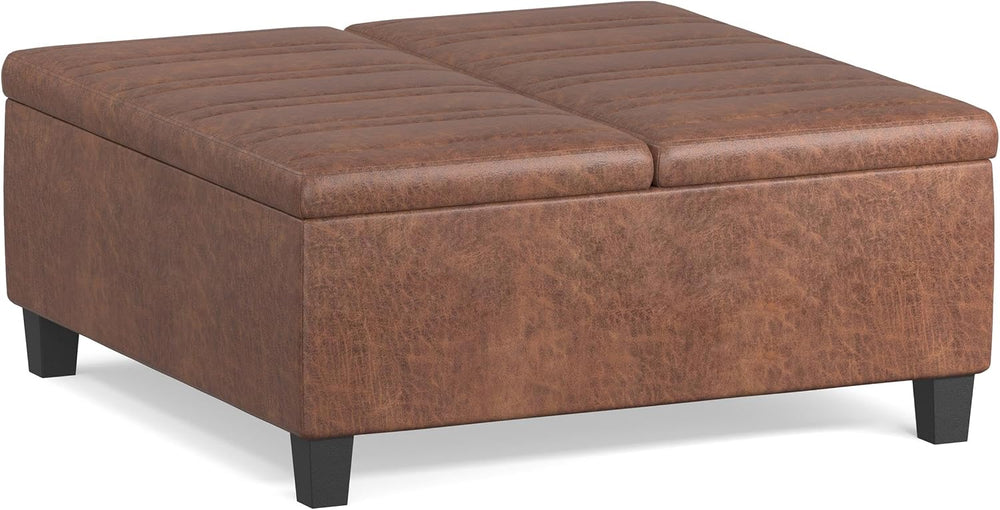 SIMPLIHOME Ellis 36" Wide Vegan Leather Storage Ottoman in Saddle Brown