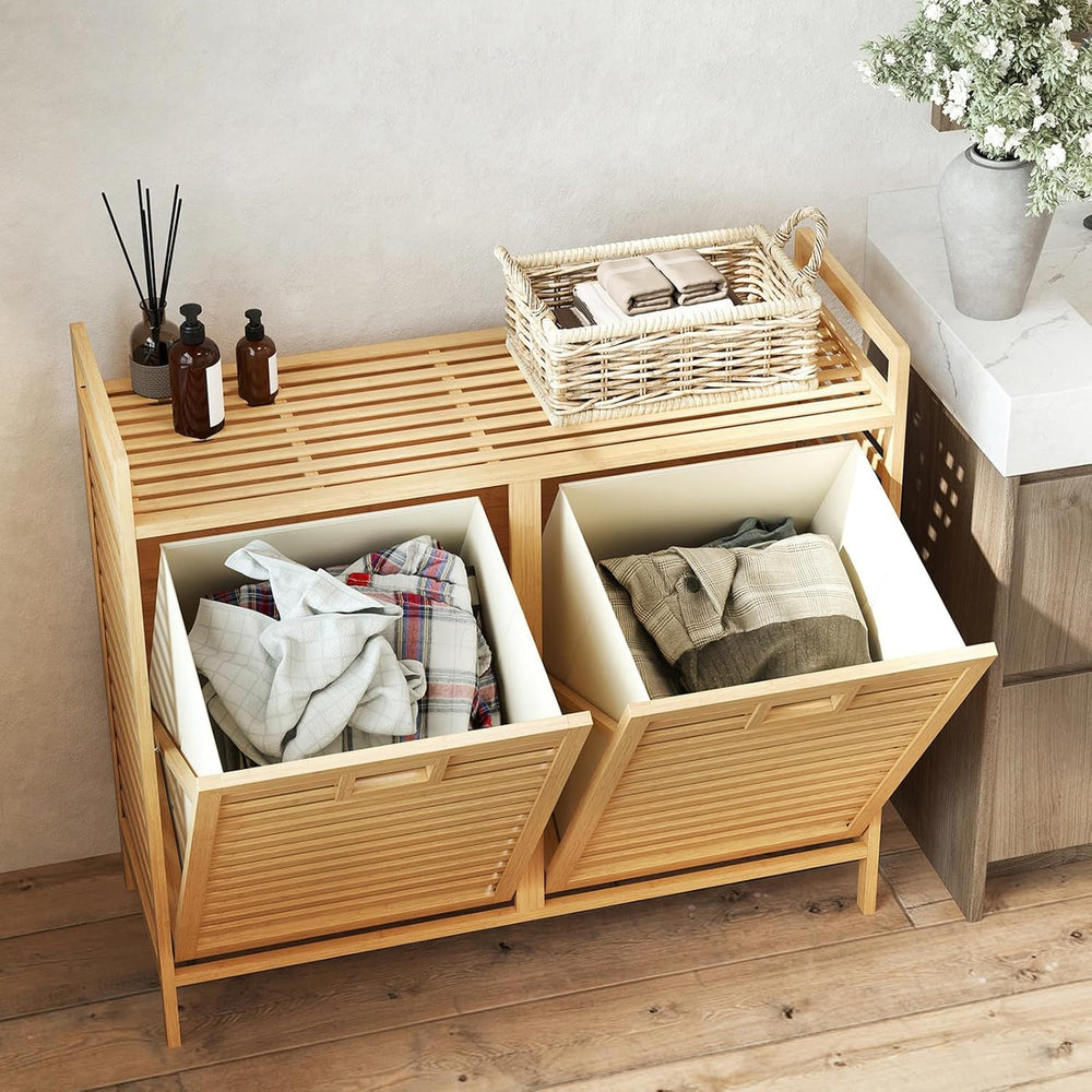 GOFLAME Double Tilt Out Laundry Hamper, Bamboo Laundry Basket Organizer with ...