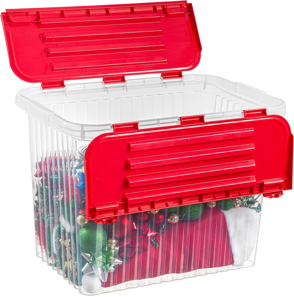 Superio Red Storage Box with Red Hinged Lids, 2 Pack Plastic Container Bins f...